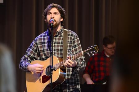 Nathan Shoemaker, junior music major, leads worship during a chapel service in the G.M. Savage Memorial Chapel. - Photo by MiKalla Cotton