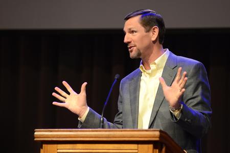 Paul Chitwood, executive director of the Kentucky Baptist Convention, speaks on adoption during a spring chapel service in the G.M. Savage Memorial Chapel. - Photo by MiKalla Cotton