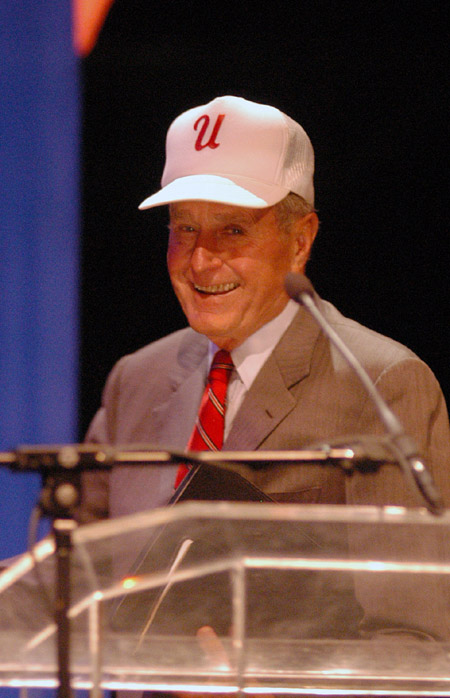 Former U.S. President George H.W. Bush dons a Union baseball cap after his speech at the Scholarship Banquet.  - Photo by Morris Abernathy