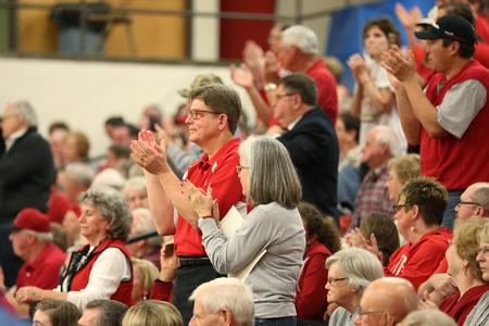 Gary Grisham, chairman and CEO of The Bank of Jackson and Union alum, stands to cheer for the Lady Bulldogs after a tough loss in the NCAA Division II South Region Tournament championship game.  - Photo by Kristi McMurry Woody