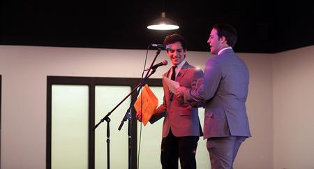 Eddie Echeverria, sophomore political science major, and Sam Jones, sophomore broadcast journalism major, host the awards show for the 2015 Student Film Festival. - Photo by Amanda Rohde