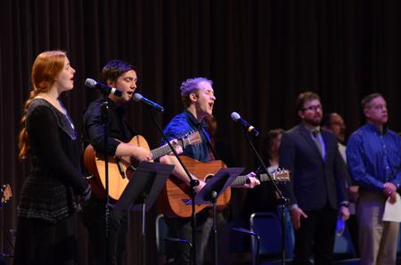 Kelsie Leaf, Zack Clemmons and Zach Lancaster lead worship music in the Lenten chapel service in G.M. Savage Memorial Chapel. - Photo by Meg Rushing