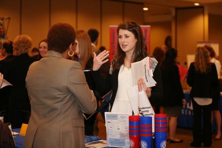 Students interested in teaching had the opportunity to talk with representatives of area schools during the teacher expo hosted by the Vocatio Center for Life Calling and Career. - Photo by Kristi McMurry Woody