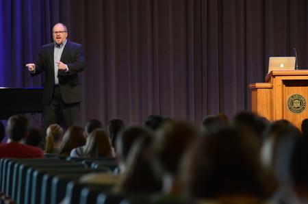 Jay Watts, vice president of Life Training Institute, speaks in chapel about the importance of life in relation to the abortion debate. - Photo by MiKalla Cotton