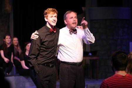 Jonathan Bowman, freshman biology major, participates in an improv game with Dub Oliver, president of the university, during Blank Slate Improv's "The Dub Show." - Photo by Kristi McMurry Woody