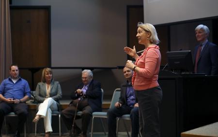 Jeanette Russ, engineering department chair, introduces the panel from TEA in Harvey Auditorium. - Photo by Amanda Rohde