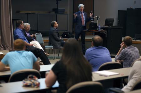 Steve Birket, TEA international president, speaks to engineering students about the projects in which TEA has been involved. - Photo by Amanda Rohde