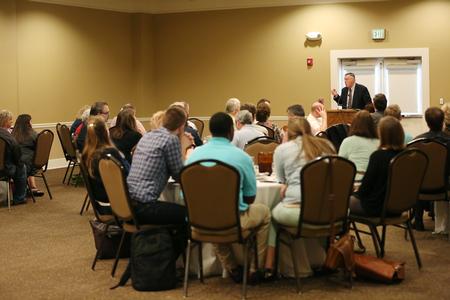 Bob Lupton speaks to a full room at the "Toxic Charity: Compassion, Justice, and the Christian Life" conference sponsored by the Center for Just and Caring Communities and the Department of Social Work.  - Photo by Kristi McMurry Woody