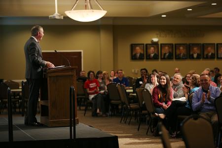 Dub Oliver, president of the university, speaks to new students and their families at the start of May's Summer Orientation. There will be two more orientation events throughout the summer for different groups of new students.  - Photo by Kristi McMurry Woody
