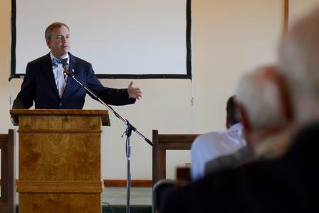 Dub Oliver, president of the university, updates local pastors about Union news at Luther Hall. - Photo by Meg Rushing