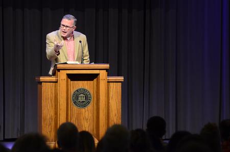 Todd Brady, vice president for university ministries, shares the message at the chapel service for new students and families during Welcome Week. - Photo by MiKalla Cotton