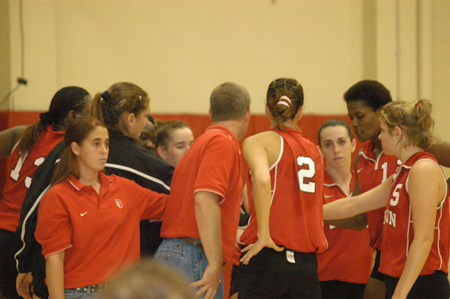 Coach Dunn talks with his team during a time out in Union's win over Freed-Hardeman. - Photo by Steven Aldridge