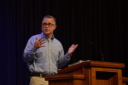 Todd Brady, vice president of university ministries, speaks during chapel in the G.M. Savage Memorial Chapel  - Photo by Elizabeth Wilson