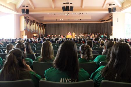 Students listen attentively as Dub Oliver, president of the university, greets faculty, staff, students, and friends of Union University at the Fall Convocation service. - Photo by Sol Bee Park