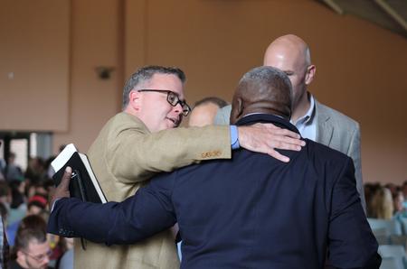 Todd Brady, vice president of university ministries, warmly welcomes chapel speaker Michael Ellis, president of the Tennessee Baptist Convention and pastor of Impact Baptist Church.  - Photo by Sol Bee Park