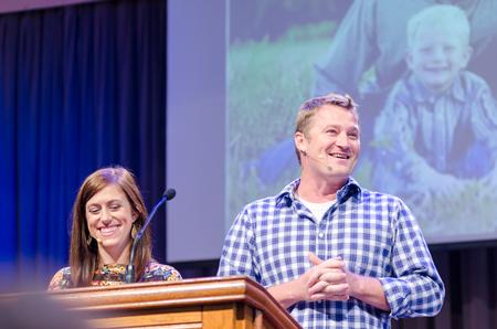 Corey and Melody Cain of Maplewood Baptist Church, Paris, Tennessee, speak on their adoption experiences in the G.M. Savage Memorial Chapel. - Photo by David Parks