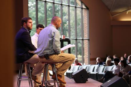 Byran Carrier, vice president for student life and dean of students, introduces his guest speakers that represent the student and faculty of Union University to the congregation during chapel. - Photo by Sol Bee Park