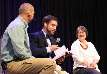 David Taylor, senior cell and molecular biology major, reads a passage from the Bible to the congregation in chapel while Bryan Carrier, vice president for student life and dean of students, and Mary Anne Poe, professor of social work, listen. - Photo by Sol Bee Park