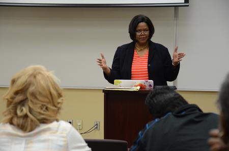 Sephira Shuttlesworth speaks about her late husband Fred Shuttlesworth, and his experience with Dr. Martin Luther King Jr, at the final Civil Rights Town and Gown lecture series. - Photo by Elizabeth Wilson