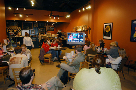 Union students and faculty gathered at Bubba's Bagels to watch returns on election night. - Photo by Morris Abernathy