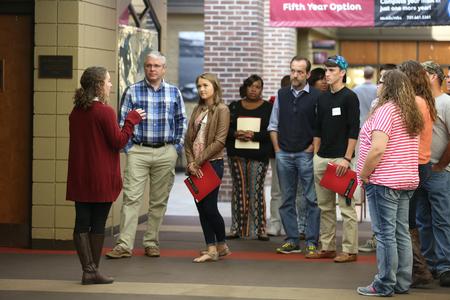 Rachel Pratt, sophomore student ambassador, shows a Bulldog Day tour group around the SUB. - Photo by Kristi McMurry Woody