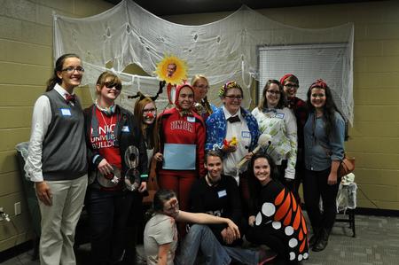 The girls of Rogers, dressed as Dub versions of popular brand and characters, won first place for the large group costume contest at the Costume Coffee House in the Bowld Commons - Photo by Elizabeth Wilson
