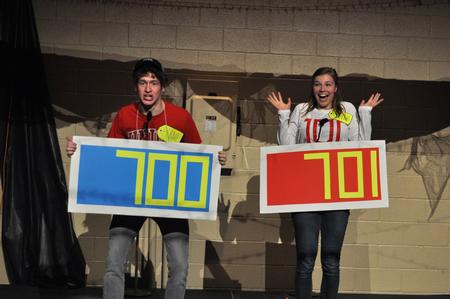 At the Costume Coffee House in the Bowld Commons, Jonathan Bowman,sophomore biology major, and Moriah Dreisbach, sophomore nursing major, showed off their "The Price Is Right" contestant costumes on stage in front of the judges. - Photo by Elizabeth Wilson