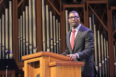 Walter Strickland, instructor of theology at southeastern baptist theological seminary, speaks during chapel. - Photo by Sol Bee Park