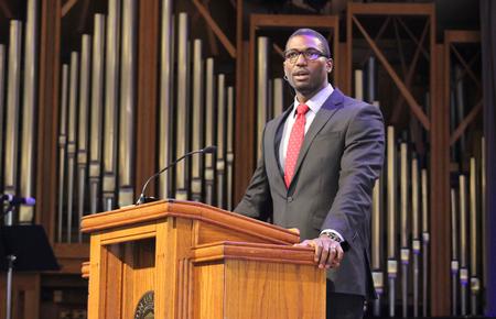Walter Strickland, instructor of theology at southeastern baptist theological seminary, speaks to the congregation at the G.M. Savage Memorial Chapel. - Photo by Sol Bee Park