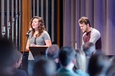 Abbey Peecher, sophomore music performance major, and Thomas Griffith, senior art studio major, lead the congregation in worship in the G.M. Savage Memorial Chapel. - Photo by David Parks