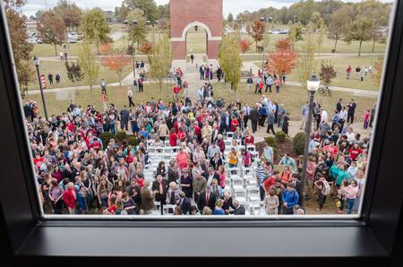 Hundreds of students, alumni, faculty, and members of the Jackson community pour into The Logos after its doors are opened in the dedication ceremony. - Photo by David Parks