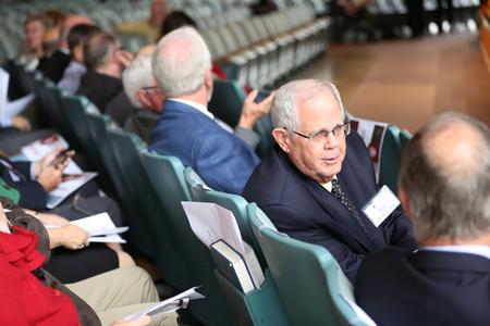 Ron Baker, class of 1966, chats with his fellow alums before Homecoming chapel. - Photo by Kristi McMurry Woody