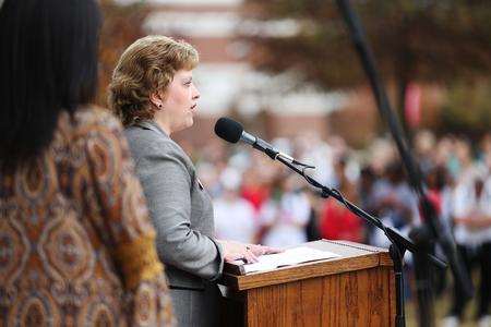 Anna Beth Morgan, director of the library, addresses guests at the dedication service during Homecoming weekend. - Photo by Kristi McMurry Woody