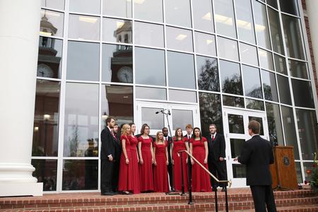 The Voices of Proclamation sing at the dedication of The Logos during Homecoming weekend.  - Photo by Kristi McMurry Woody