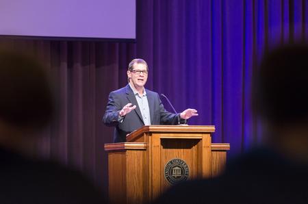 Jeff Palmer, executive director for Baptist Global Relief in Nashville, Tennessee, begins his Chapel message, "For God So Loved the World..." in the G.M. Savage Memorial Chapel. - Photo by David Parks