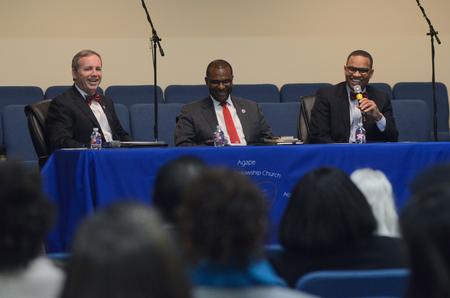 At Agape Christian Fellowship, Dub Oliver, president of Union University, Moses Goldmon, executive vice president at Lane College, and Logan Hampton, president of Lane College had a discussion on the city of Jackson's diversity and reconciliation at the second annual Diversity and Reconciliation dialogue. - Photo by Elizabeth Wilson