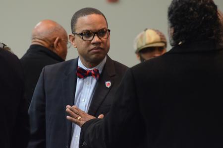 Logan Hampton, Lane college president, spoke with some of the people in attendance at the Diversity and Reconciliation Dialogue between Lane College and Union University.  - Photo by Elizabeth Wilson