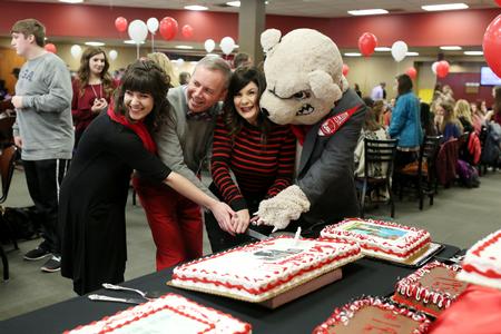 Kaylee Gibson, SGA president; Dub and Susie Oliver, president and first lady of the university; and Buster the Bulldog cut the birthday cake at Union's 193rd birthday party. - Photo by Kristi McMurry Woody