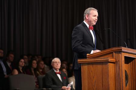 Dub Oliver, president of the university, welcomes guests to Founders' Day Chapel. - Photo by Kristi McMurry Woody