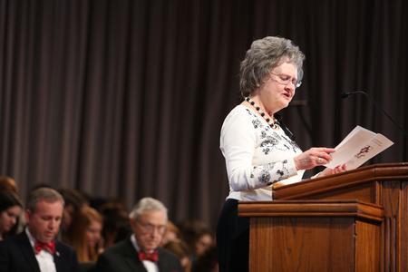 Maggie Nell Brewer, long time vice president for student affairs, reads the opening scripture during Founders' Day chapel. - Photo by Kristi McMurry Woody