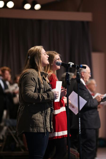 The praise team leads guests of Founders' Day chapel in a song. - Photo by Kristi McMurry Woody