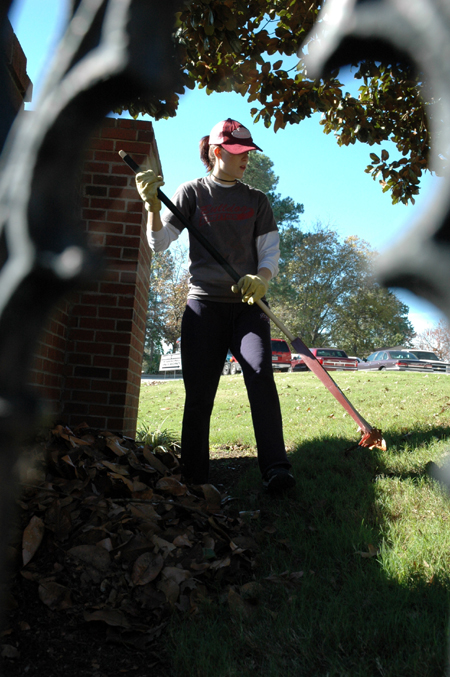 Sophomore Shana Willows rakes leaves at Birth Choice during Day of Remembrance. - Photo by Amanda Herron