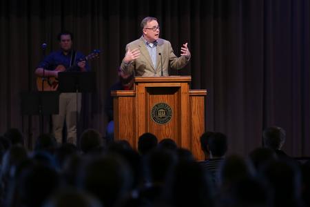 Todd Brady, vice president for university ministries, welcomes guests to chapel. - Photo by Kristi McMurry Woody