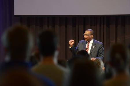 Moses Goldman, executive Vice President at Lane College, praised the Lord for worship upon taking the stage before his sermon during chapel. - Photo by MiKalla Cotton