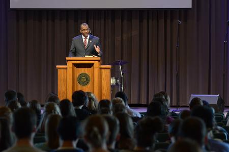 Moses Goldman, executive Vice President at Lane College, speaks during a chapel service in the G.M. Savage Memorial Chapel. - Photo by MiKalla Cotton