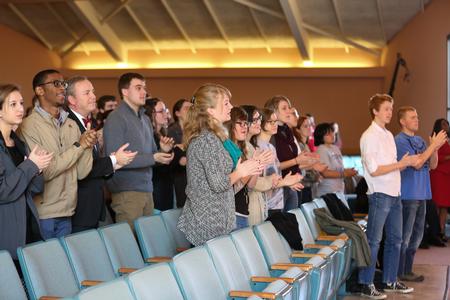 Chapel attendees sing along with the Lane College concert choir. - Photo by Kristi McMurry Woody
