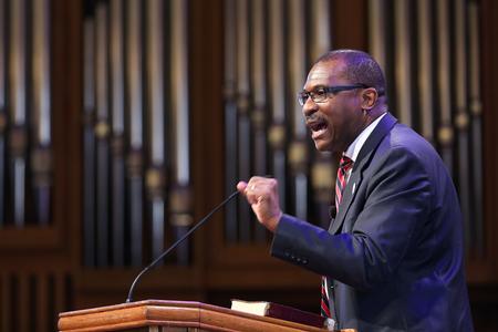 Moses Goldman, executive vice president of Lane College, speaks in chapel. - Photo by Kristi McMurry Woody