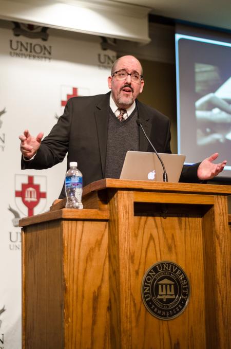 Gerardo Marti addresses the audience during his Scholar-in-Residence Lecture, "The Future of Racism and the Church" in the Carl Grant Events Center.  - Photo by David Parks