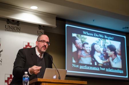 L. Richardson King associate professor and Davidson College chair of sociology Gerardo Marti breaks down "The Future of Racism and the Church" for his Scholar-in-Residence Lecture in the Carl Grant Events Center. - Photo by David Parks