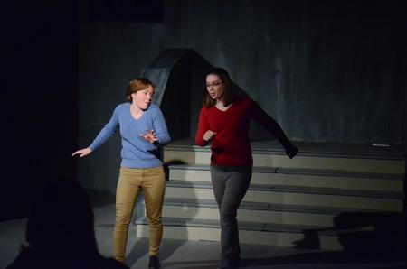 Sisters Hannah Thigpen, freshman music major, and Abby Thigpen, senior English major, entertain the crowd with a tap dance at the LipSync Battle.  - Photo by Gretchen Foels